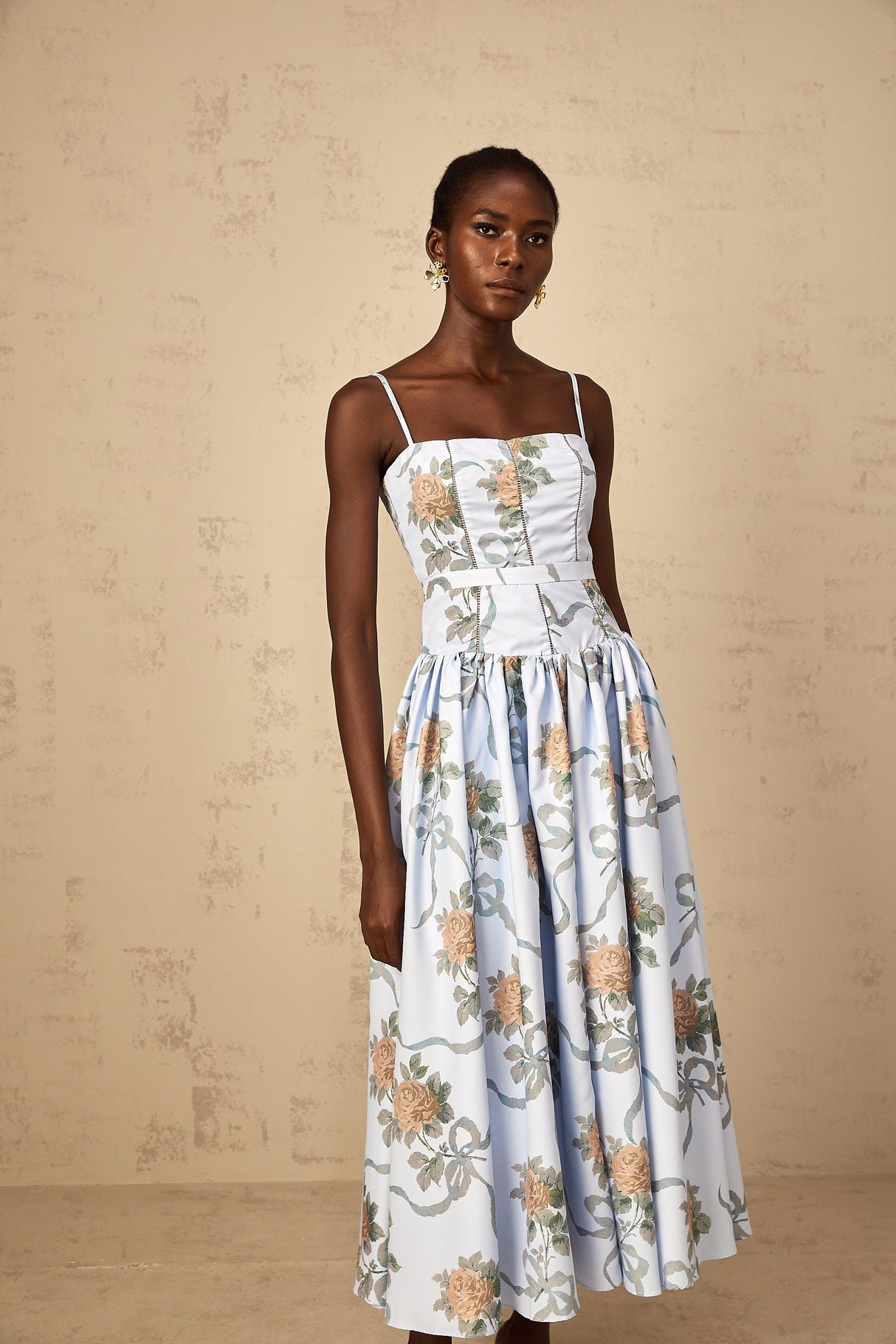Aurohaya Fleur Blue Floral Print Midi Dress