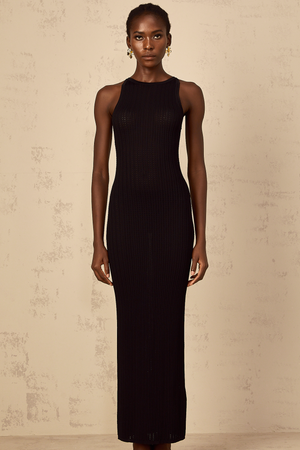 Aurohaya Déotille black fitted ribbed-knit maxi dress