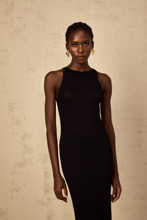 Aurohaya Déotille black fitted ribbed-knit maxi dress