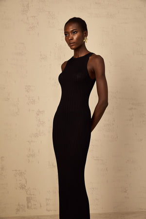 Aurohaya Déotille black fitted ribbed-knit maxi dress
