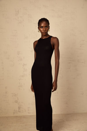 Aurohaya Déotille black fitted ribbed-knit maxi dress