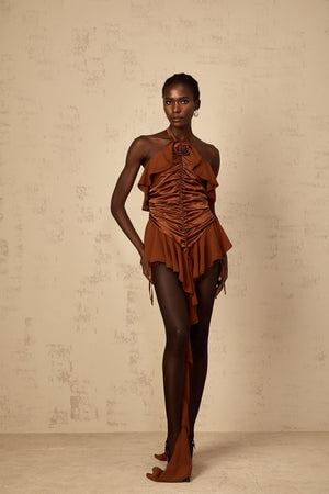 Aurohaya Léonie brown floral-appliqué ruched mini dress