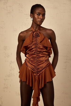 Aurohaya Léonie brown floral-appliqué ruched mini dress