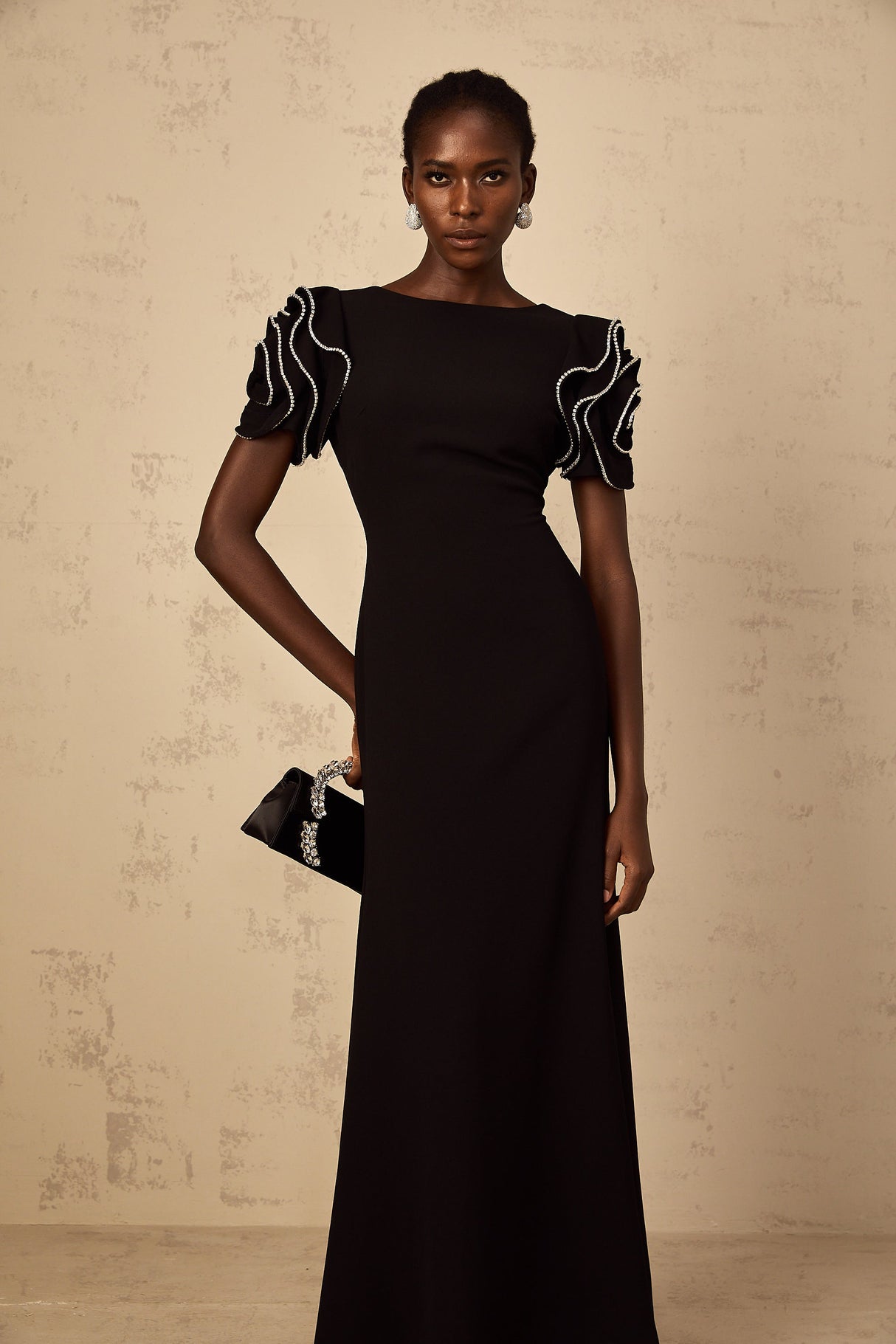 Aurohaya Bruyère Black Ruffled Embellished Maxi Dress