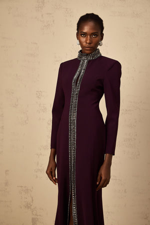 Aurohaya Maëlie Burgundy Embellished Flared Maxi Dress