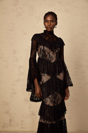 Aurohaya Roxane black floral-lace ruffled maxi dress