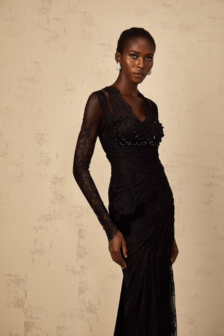 Aurohaya Ursula black floral-lace mermaid maxi dress