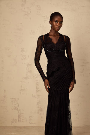 Aurohaya Ursula black floral-lace mermaid maxi dress