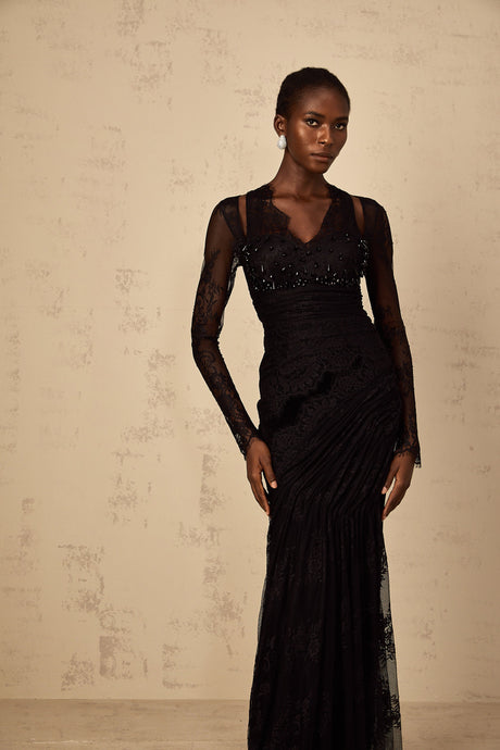 Aurohaya Ursula black floral-lace mermaid maxi dress