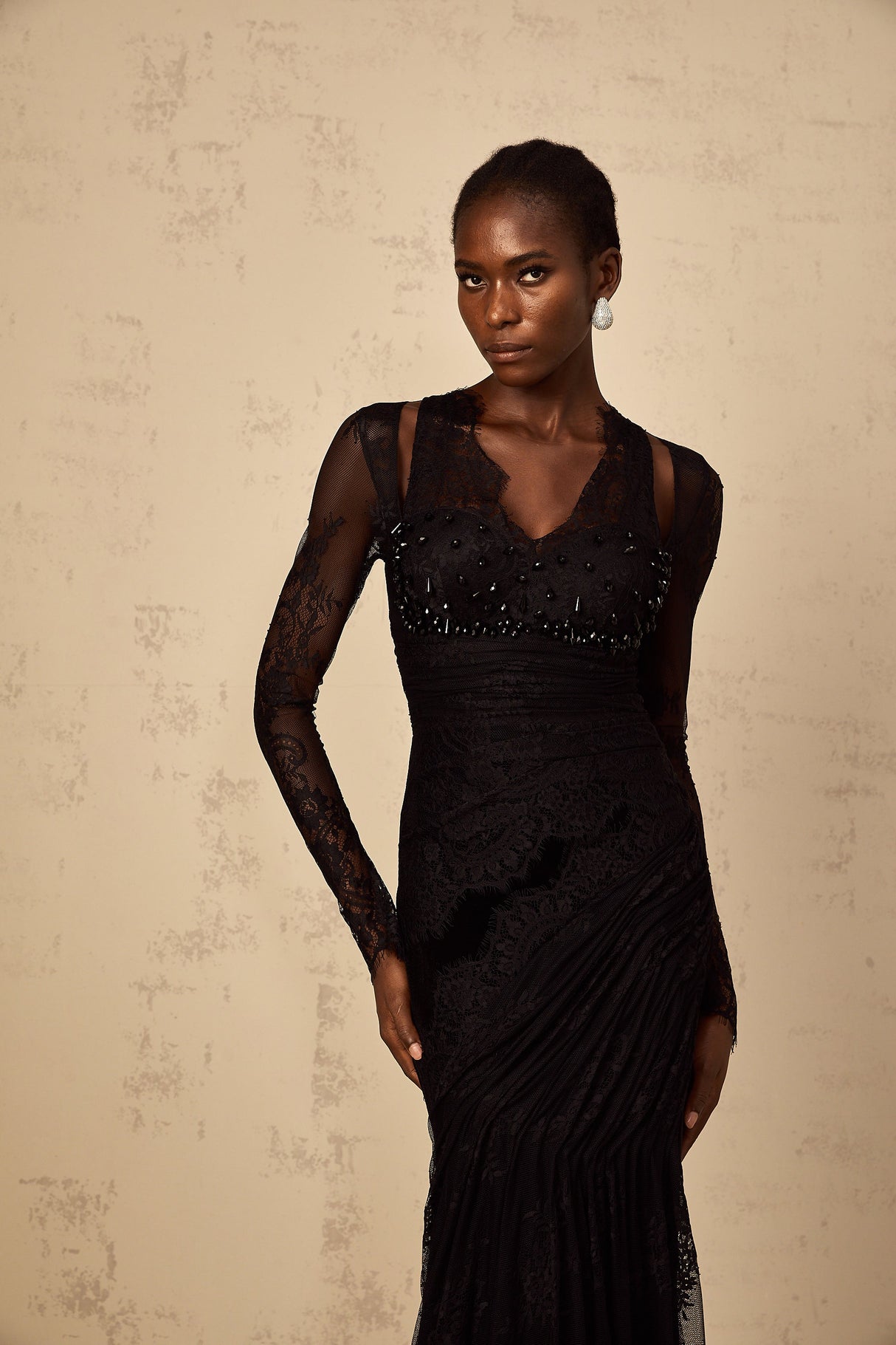 Aurohaya Ursula black floral-lace mermaid maxi dress