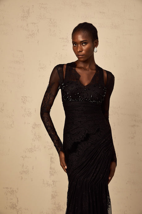 Aurohaya Ursula black floral-lace mermaid maxi dress