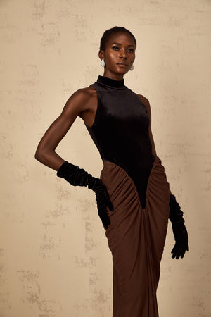 Aurohaya Mathilde brown velvet-panel ruched maxi dress
