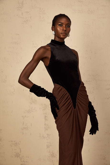 Aurohaya Mathilde brown velvet-panel ruched maxi dress