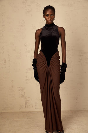 Aurohaya Mathilde brown velvet-panel ruched maxi dress