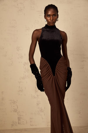 Aurohaya Mathilde brown velvet-panel ruched maxi dress