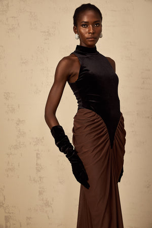 Aurohaya Mathilde brown velvet-panel ruched maxi dress