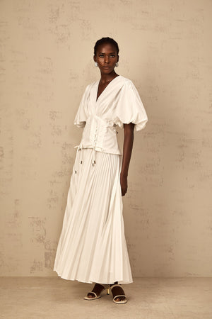 Aurohaya Vienne White Lace-Up Pleated Maxi Dress