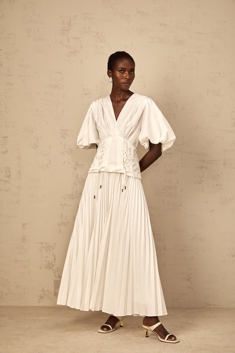 Aurohaya Vienne White Lace-Up Pleated Maxi Dress