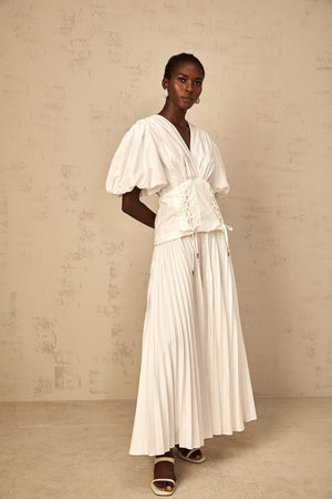 Aurohaya Vienne White Lace-Up Pleated Maxi Dress