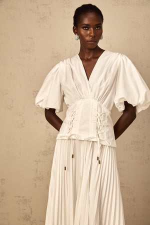 Aurohaya Vienne White Lace-Up Pleated Maxi Dress