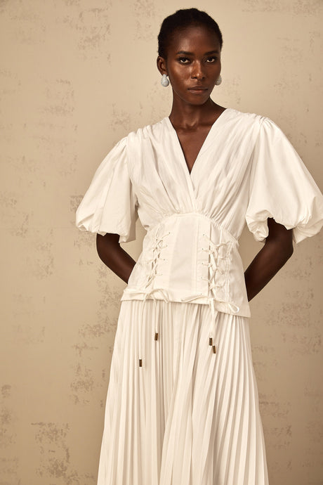 Aurohaya Vienne White Lace-Up Pleated Maxi Dress