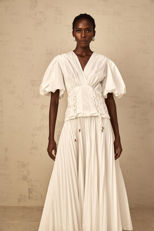 Aurohaya Vienne White Lace-Up Pleated Maxi Dress