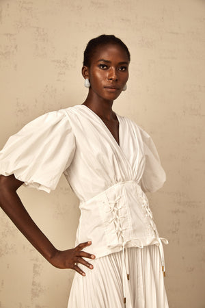 Aurohaya Vienne White Lace-Up Pleated Maxi Dress
