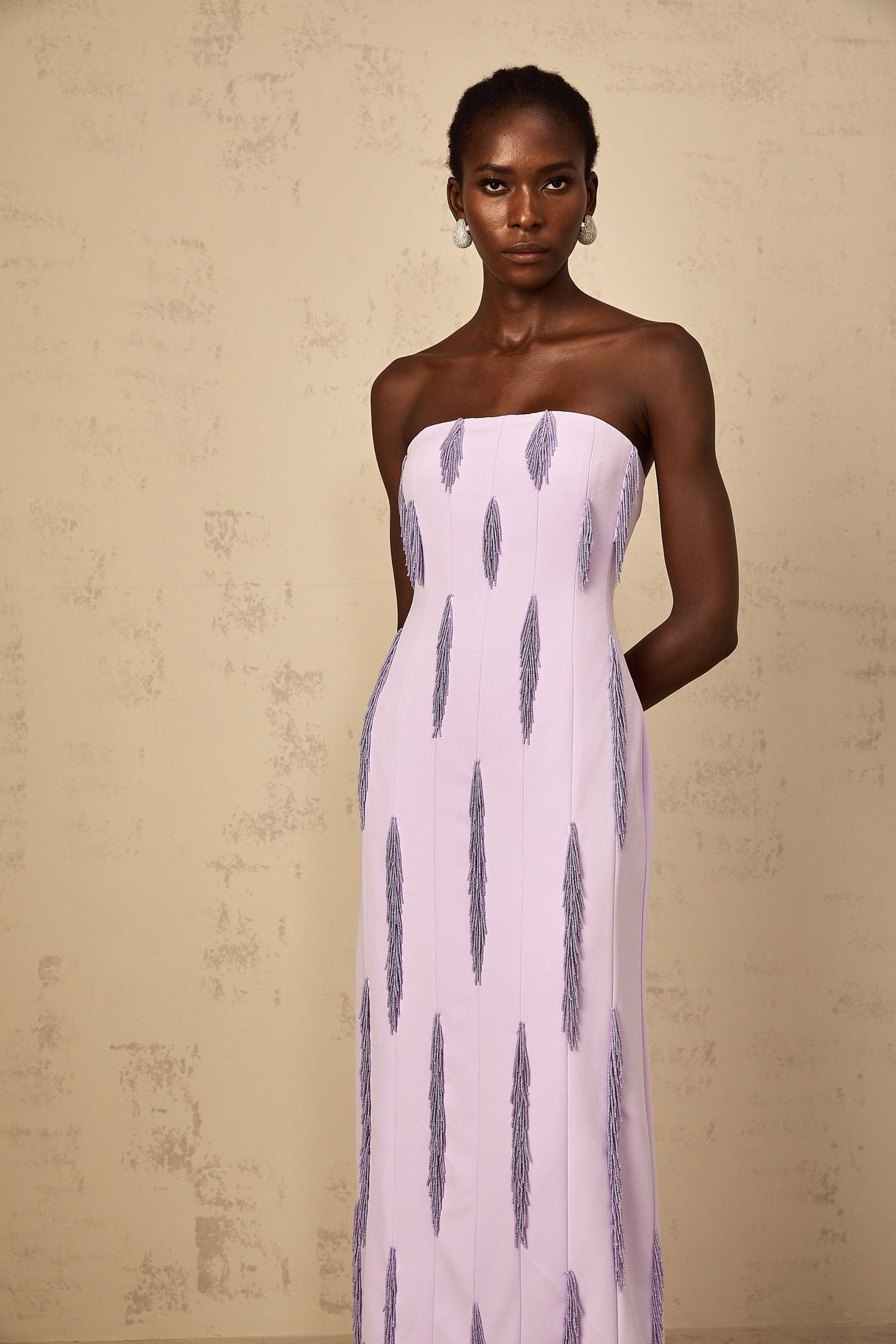 Aurohaya Émilie Purple Beaded Fringed Detail Maxi Dress