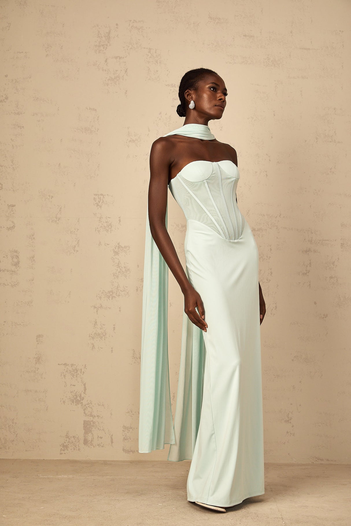 Aurohaya Béryl Tulle Panel Corset Maxi Dress in Mint Green