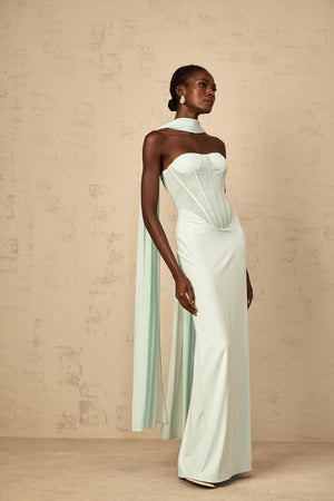 Aurohaya Béryl Tulle Panel Corset Maxi Dress in Mint Green