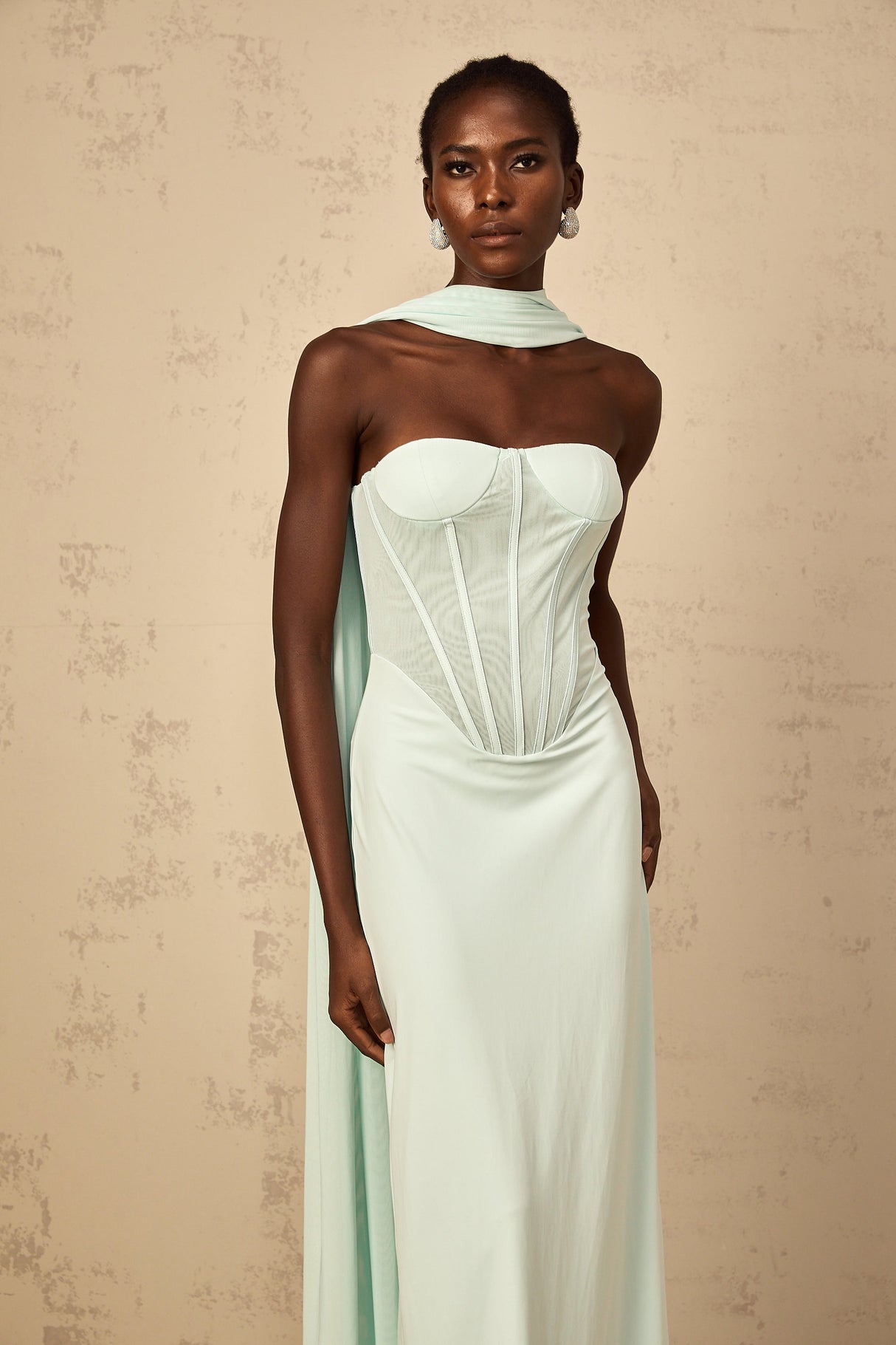 Aurohaya Béryl Tulle Panel Corset Maxi Dress in Mint Green