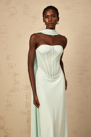Aurohaya Béryl Tulle Panel Corset Maxi Dress in Mint Green