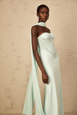 Aurohaya Béryl Tulle Panel Corset Maxi Dress in Mint Green