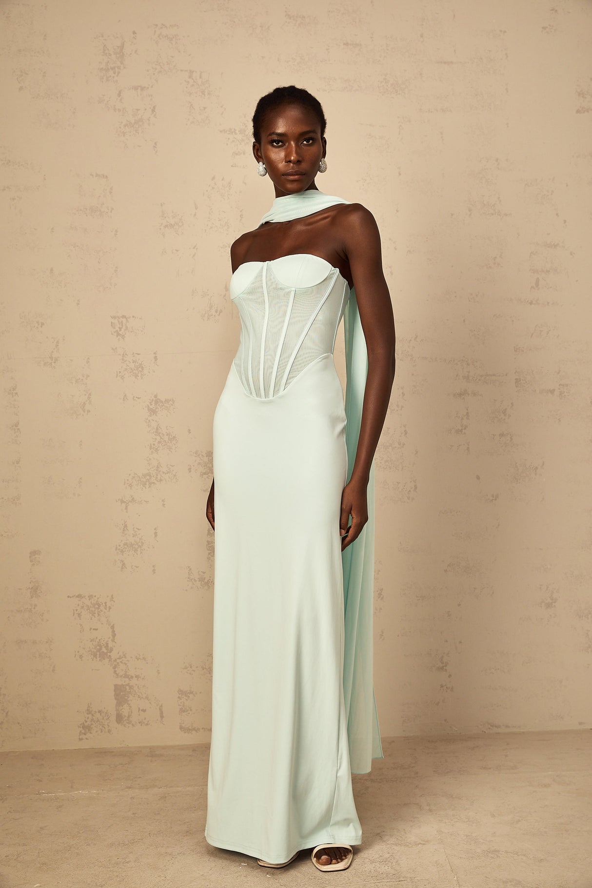 Aurohaya Béryl Tulle Panel Corset Maxi Dress in Mint Green