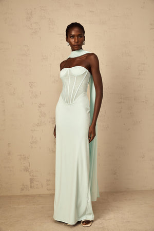 Aurohaya Béryl Tulle Panel Corset Maxi Dress in Mint Green