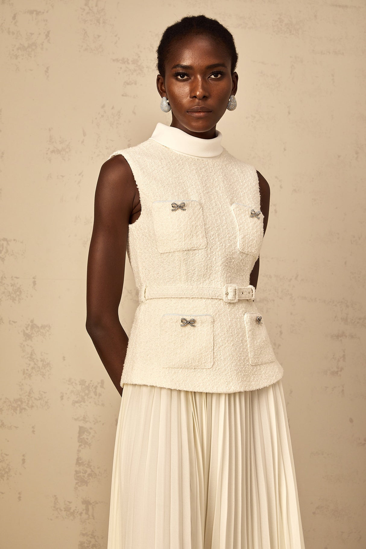 Aurohaya Dulcie Off-White Tulle Panel Tweed Midi Dress