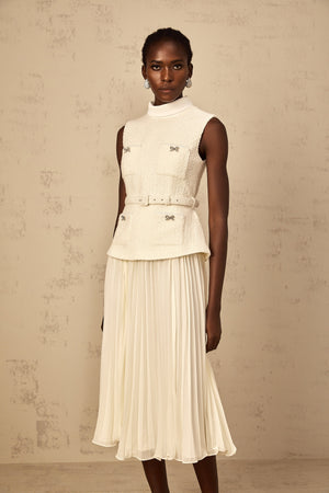 Aurohaya Dulcie Off-White Tulle Panel Tweed Midi Dress