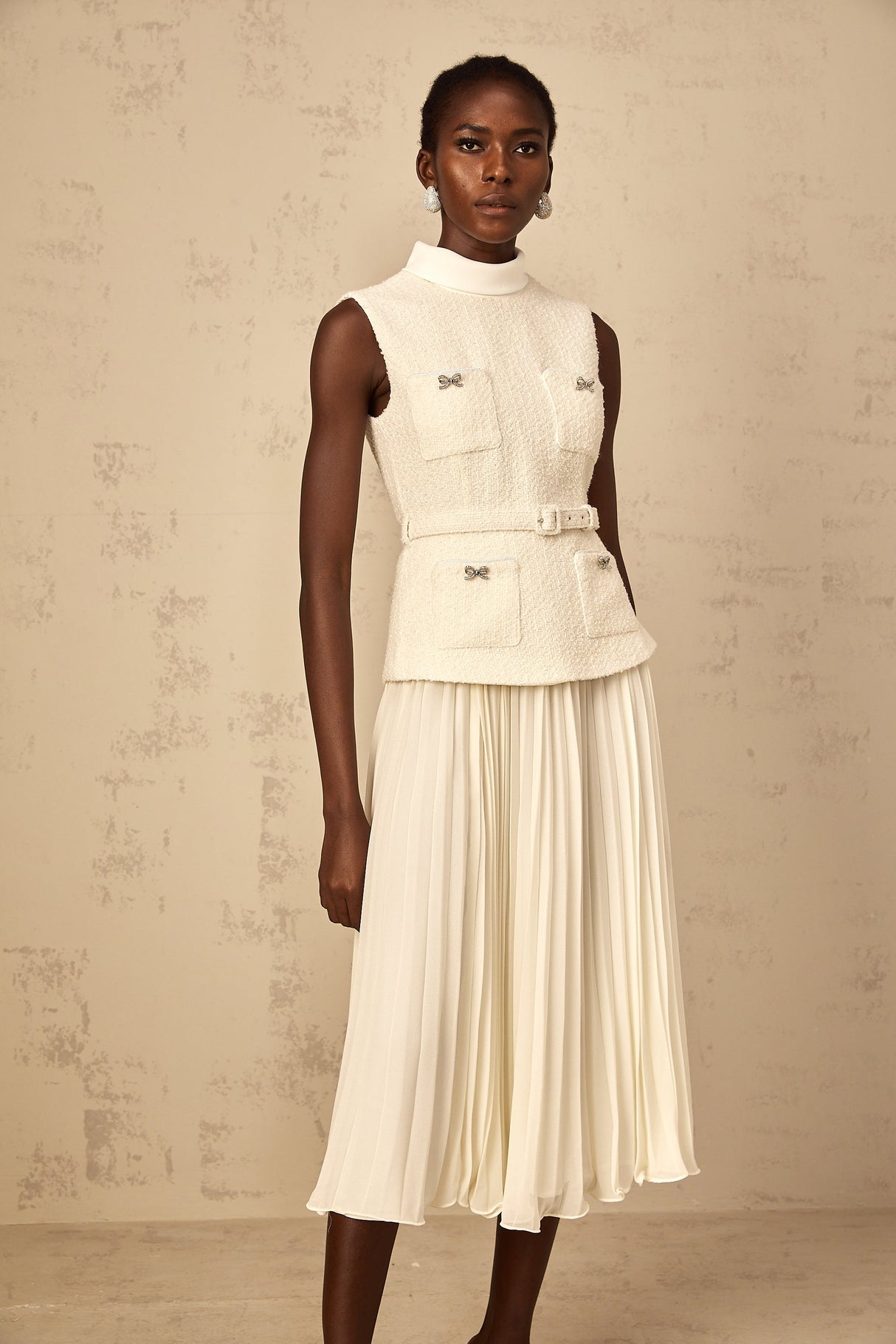 Aurohaya Dulcie Off-White Tulle Panel Tweed Midi Dress
