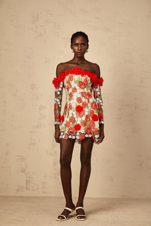 Aurohaya Anaya Red Rose Appliqué Embroidered Mini Dress