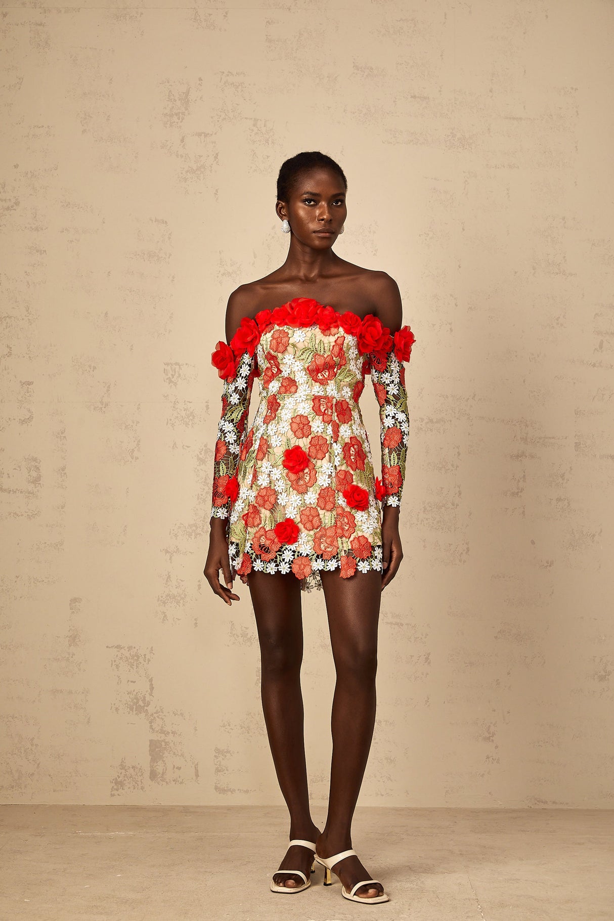 Aurohaya Anaya Red Rose Appliqué Embroidered Mini Dress