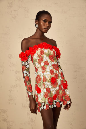 Aurohaya Anaya Red Rose Appliqué Embroidered Mini Dress