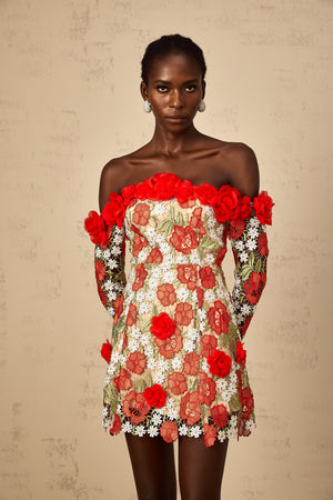 Aurohaya Anaya Red Rose Appliqué Embroidered Mini Dress