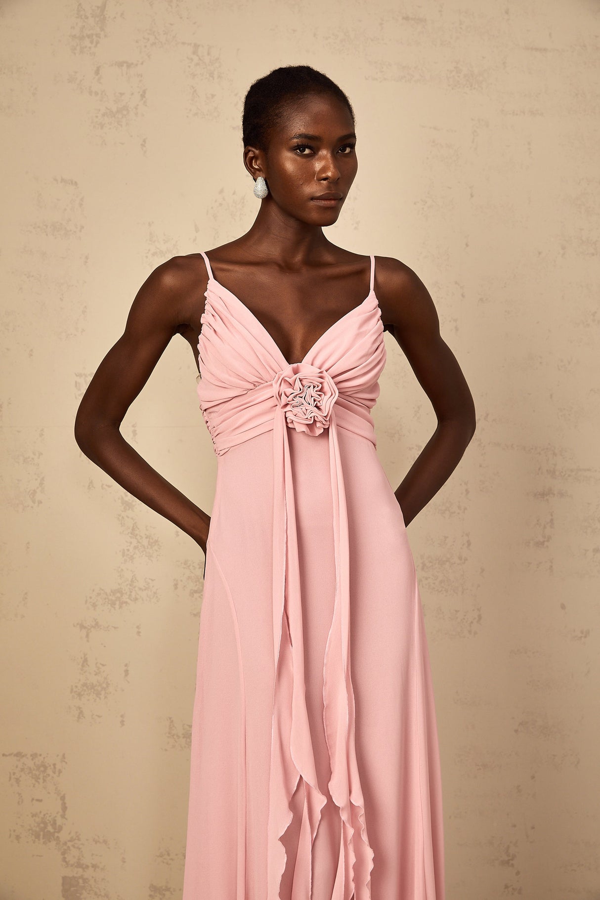 Aurohaya Ysandre Soft-Pink 3D Petal Tulle Maxi Dress