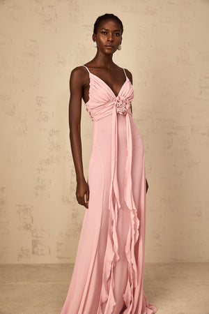 Aurohaya Ysandre Soft-Pink 3D Petal Tulle Maxi Dress