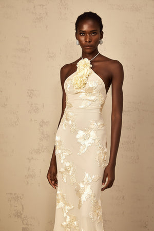 Aurohaya Melanie Neutrals Embroidered Halterneck Maxi Dress
