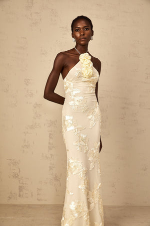 Aurohaya Melanie Neutrals Embroidered Halterneck Maxi Dress