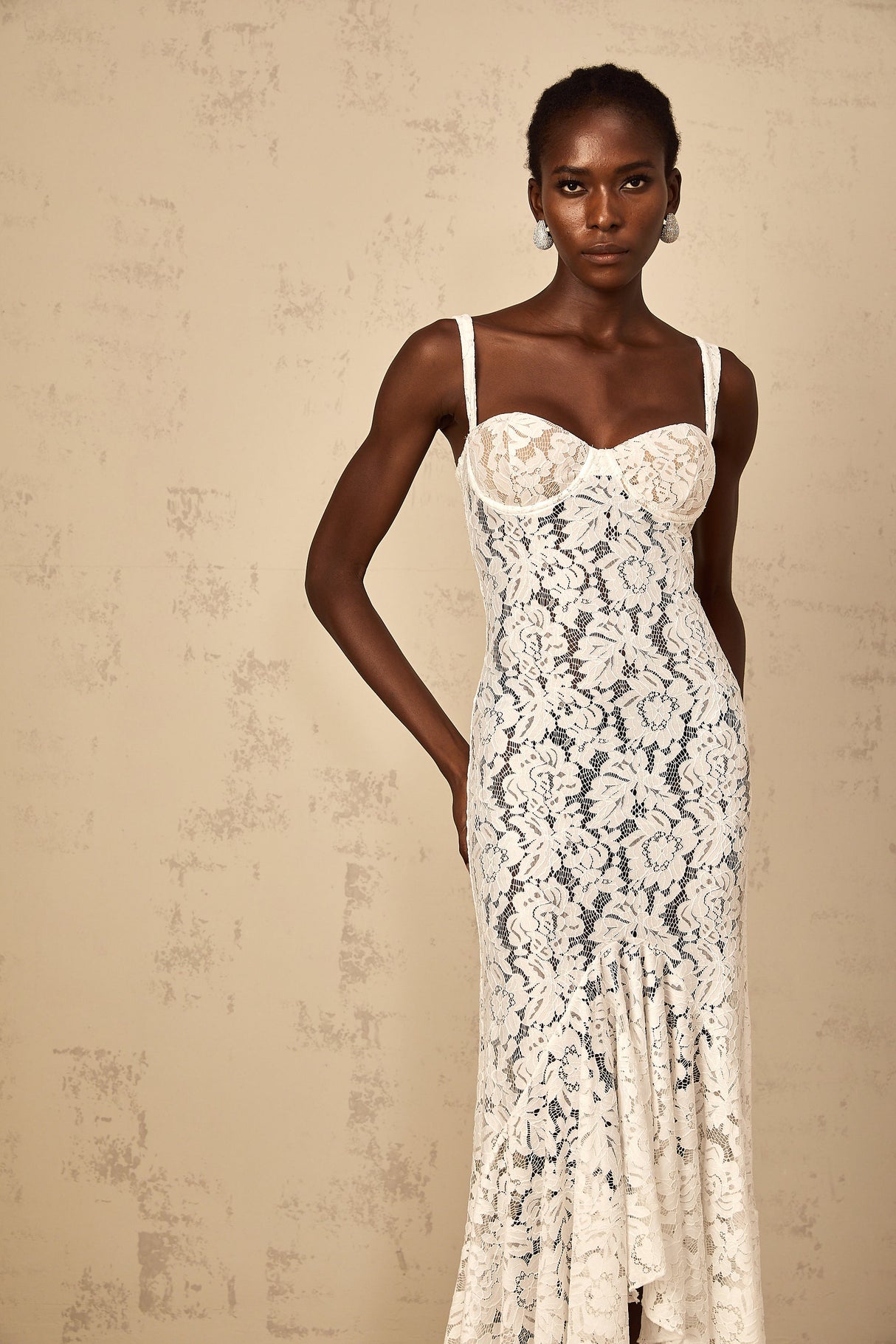 Aurohaya Abbie White Floral Lace Bustier Maxi Dress