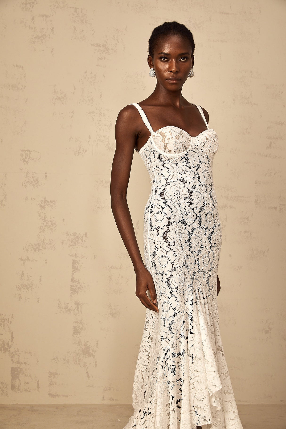 Aurohaya Abbie White Floral Lace Bustier Maxi Dress