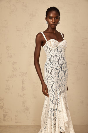 Aurohaya Abbie White Floral Lace Bustier Maxi Dress