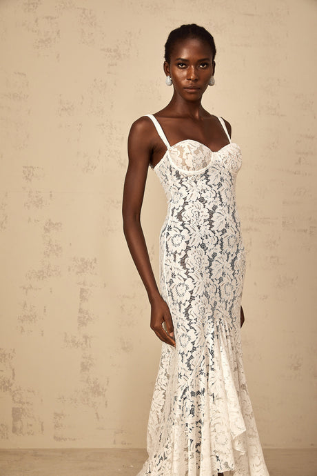 Aurohaya Abbie White Floral Lace Bustier Maxi Dress
